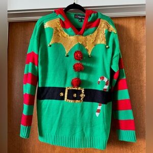 Red Green Elf Sequin Bells Stripes Hoodie Christmas Holiday Sweater ~ Size Large